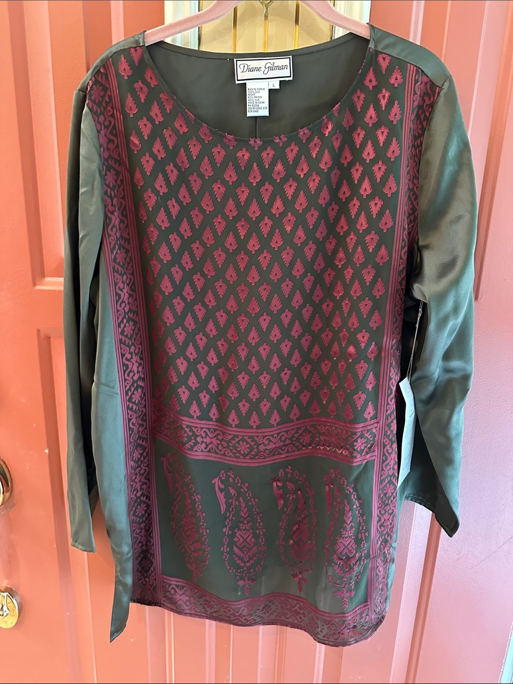 Diane Gilman Olive & Burgundy Printed Long Sleeve Blouse